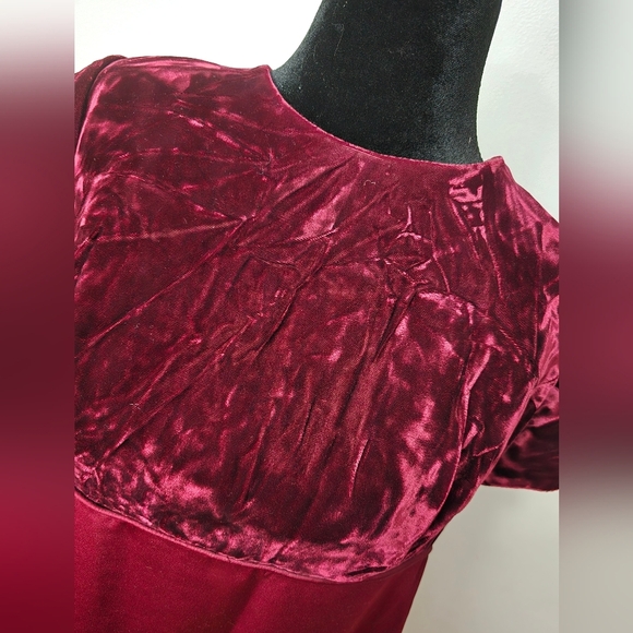 Cachet 20W Burgundy Satin and Velvet Short Sleeved Dress Empire Cherry Girl - Picture 2 of 13